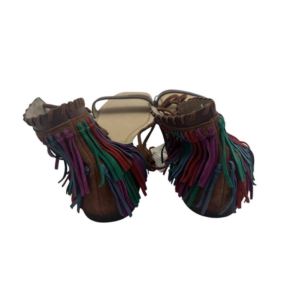 Zara Woman Leather Fringe Sandals Brown Multi Color Lace Up Boho Flat 40 NEW - Picture 6 of 8